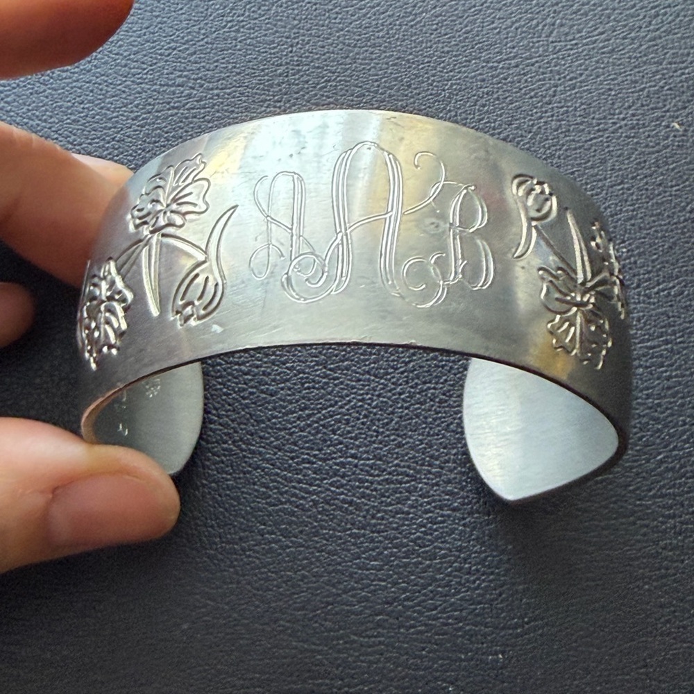 Vintage MJ Pewter Engraved Floral Monogram Cuff Bracelet